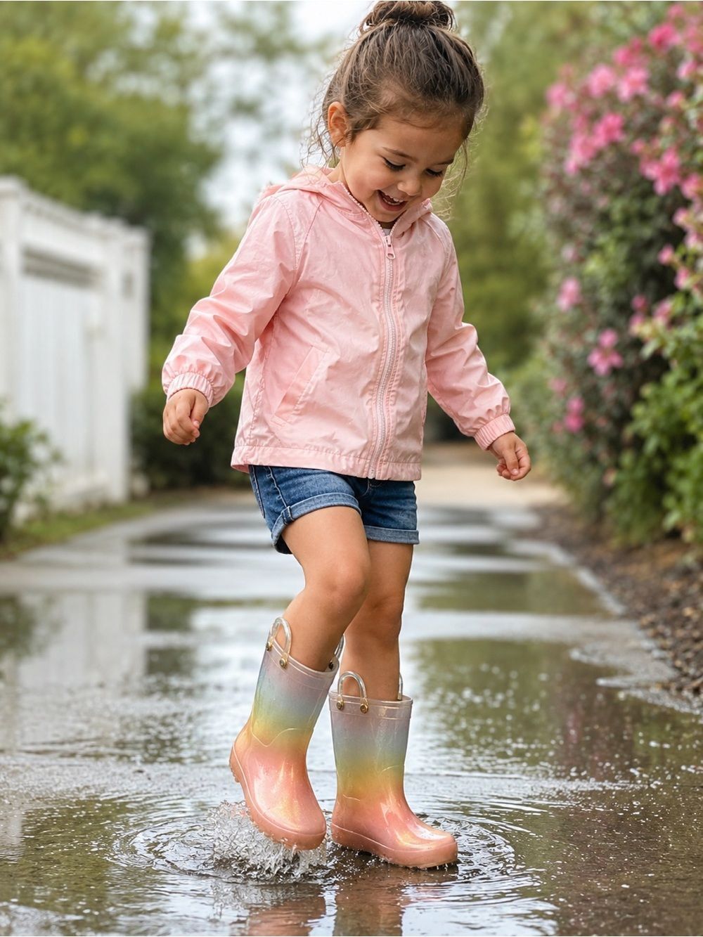 Toddler Rainbow Iridescent Glitter Rain Boots Size 12 Pull Handles Waterproof